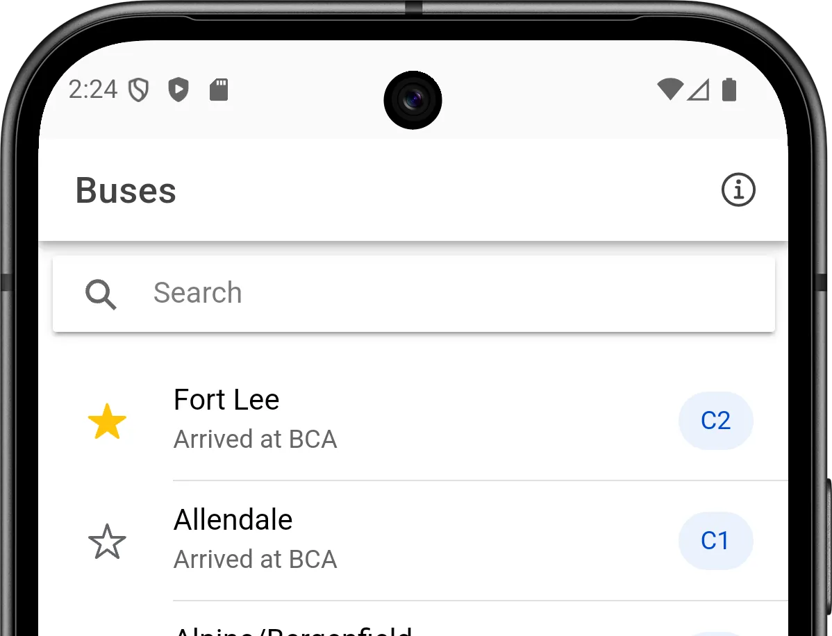 Screenshot of the myBCA bus page on an Android device.