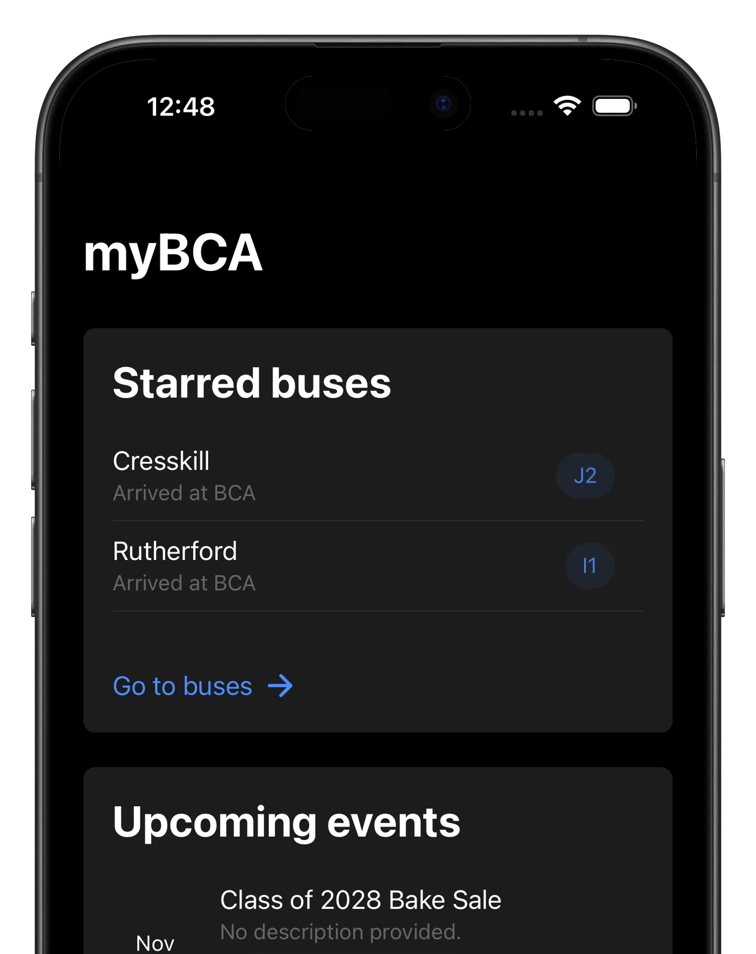 Screenshot of the myBCA main page on an iPhone.